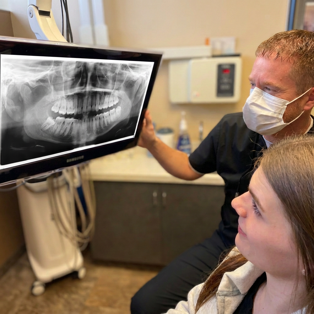 Dentist reviewing a panoramic dental X-ray on a monitor with a patient at Dynamic Dental in Watertown SD