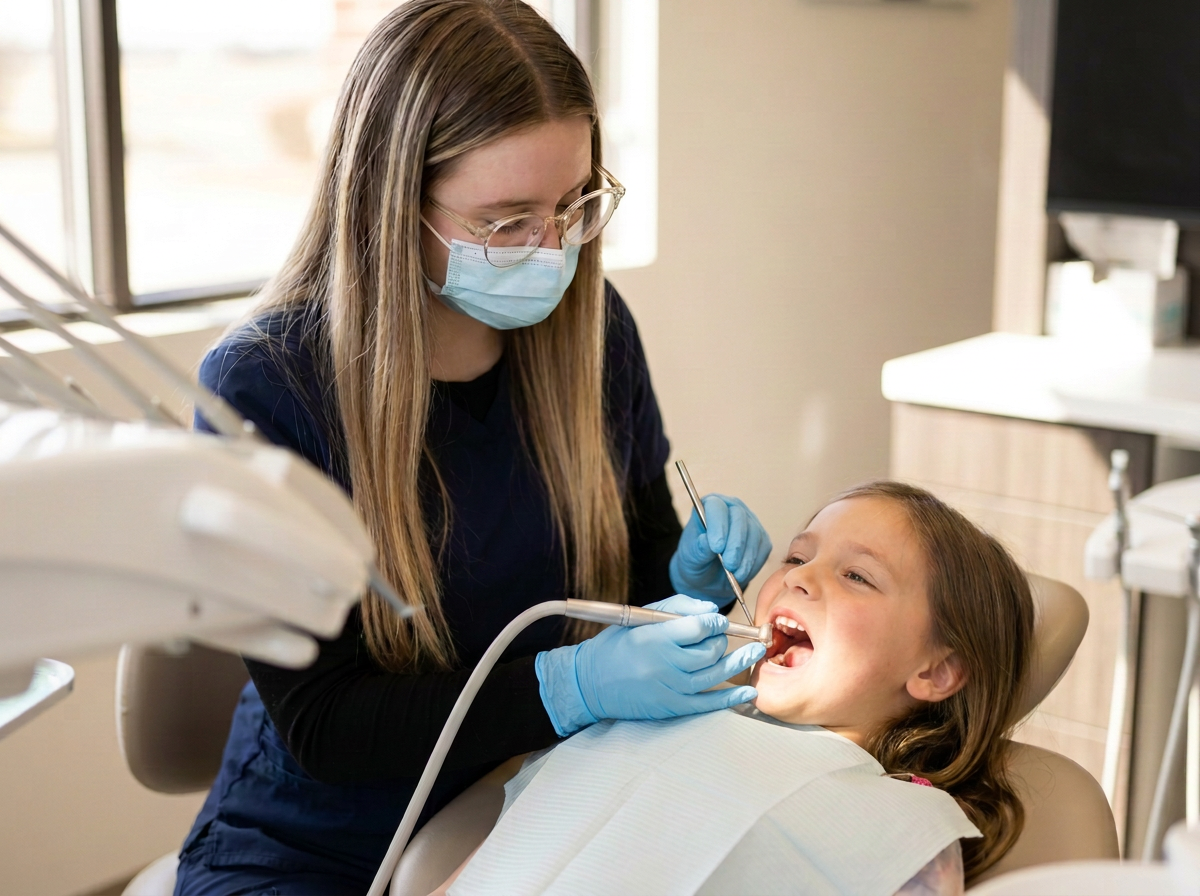 Abby, dental hygienist at Dynamic Dental, cleaning a young patient's teeth in Watertown, SD